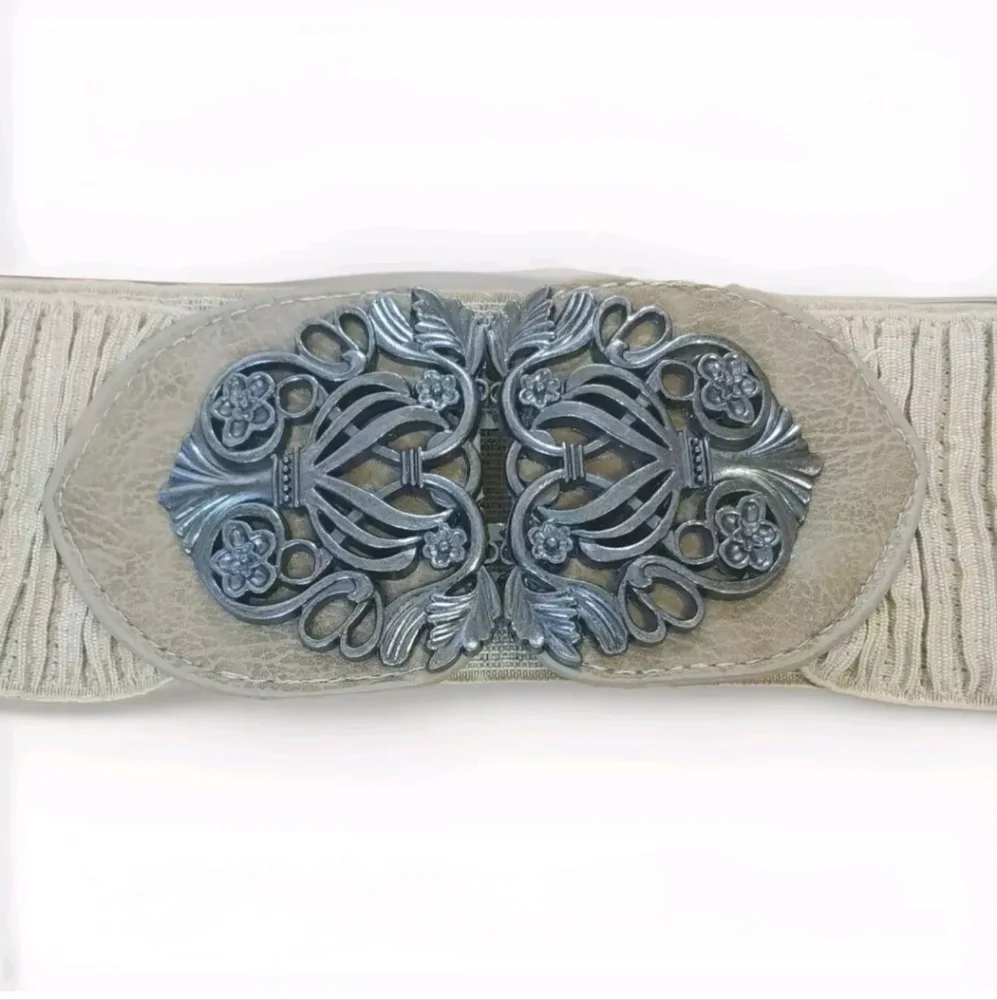Boho Hippie Fairy Grunge Stretch Waist Belt Beige Floral Buckle Southwestern M/L